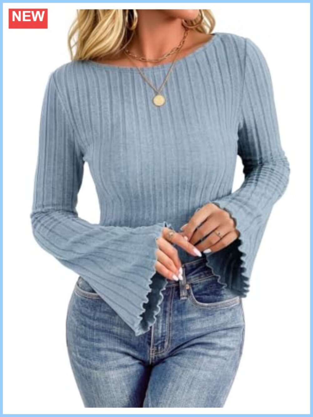 Women's Bell Sleeve Boat Neck Knit Top Relaxed Fit Fall Sweater